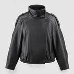 Kingsley cropped faux leather bomber in black, product shot