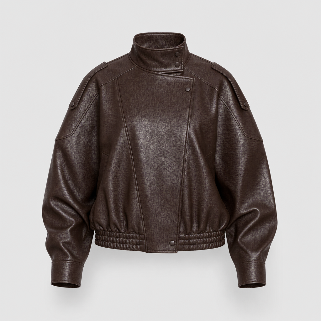 Kingsley cropped faux leather bomber in chocolate brown, product shot