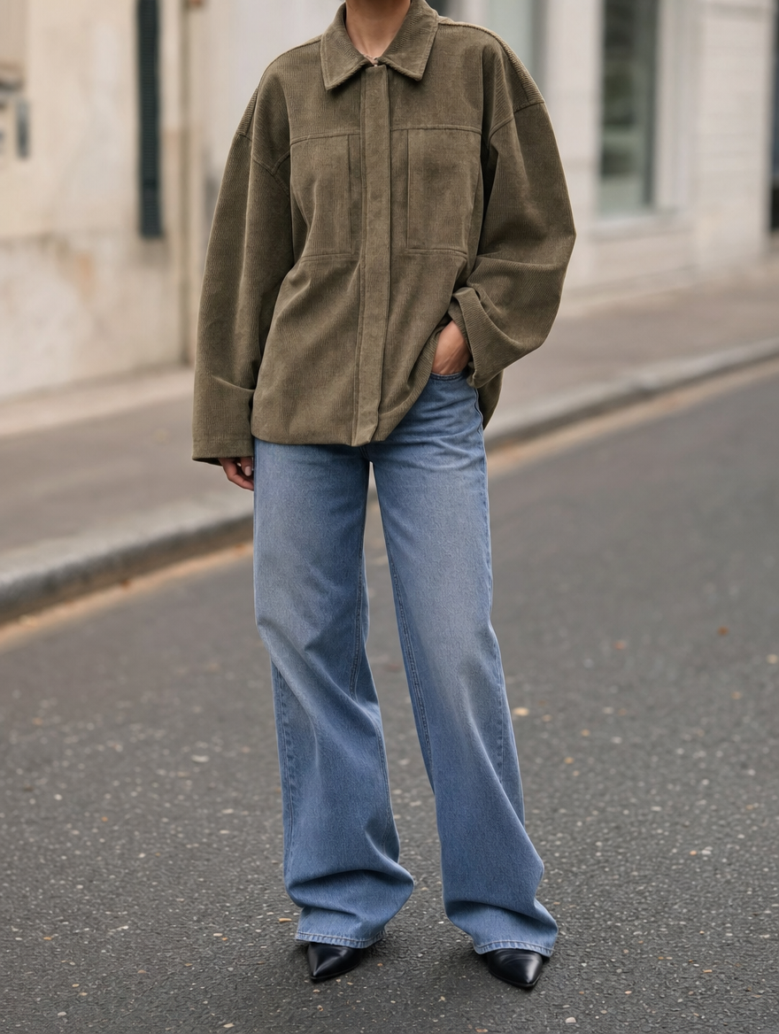 Farrow corduroy shirt jacket, front view on model