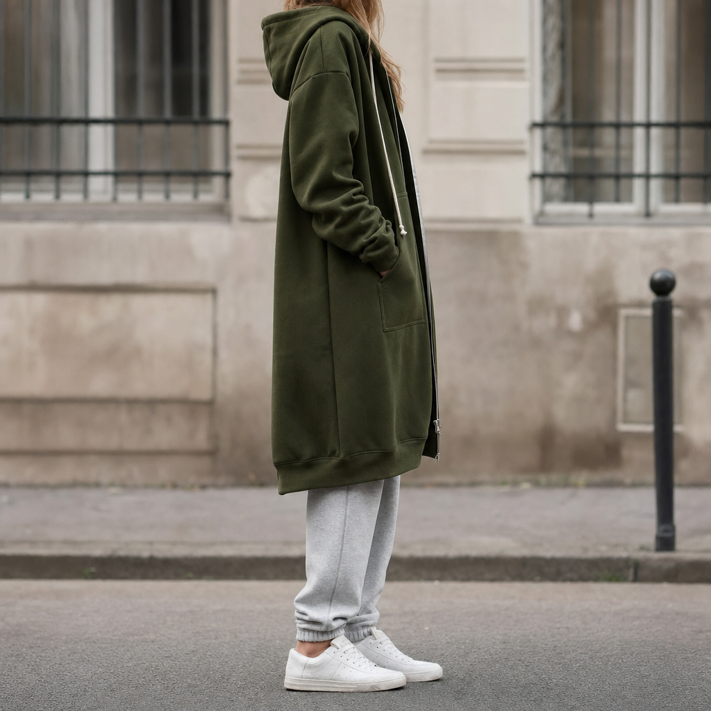 Rowley zip hoodie, side profile view