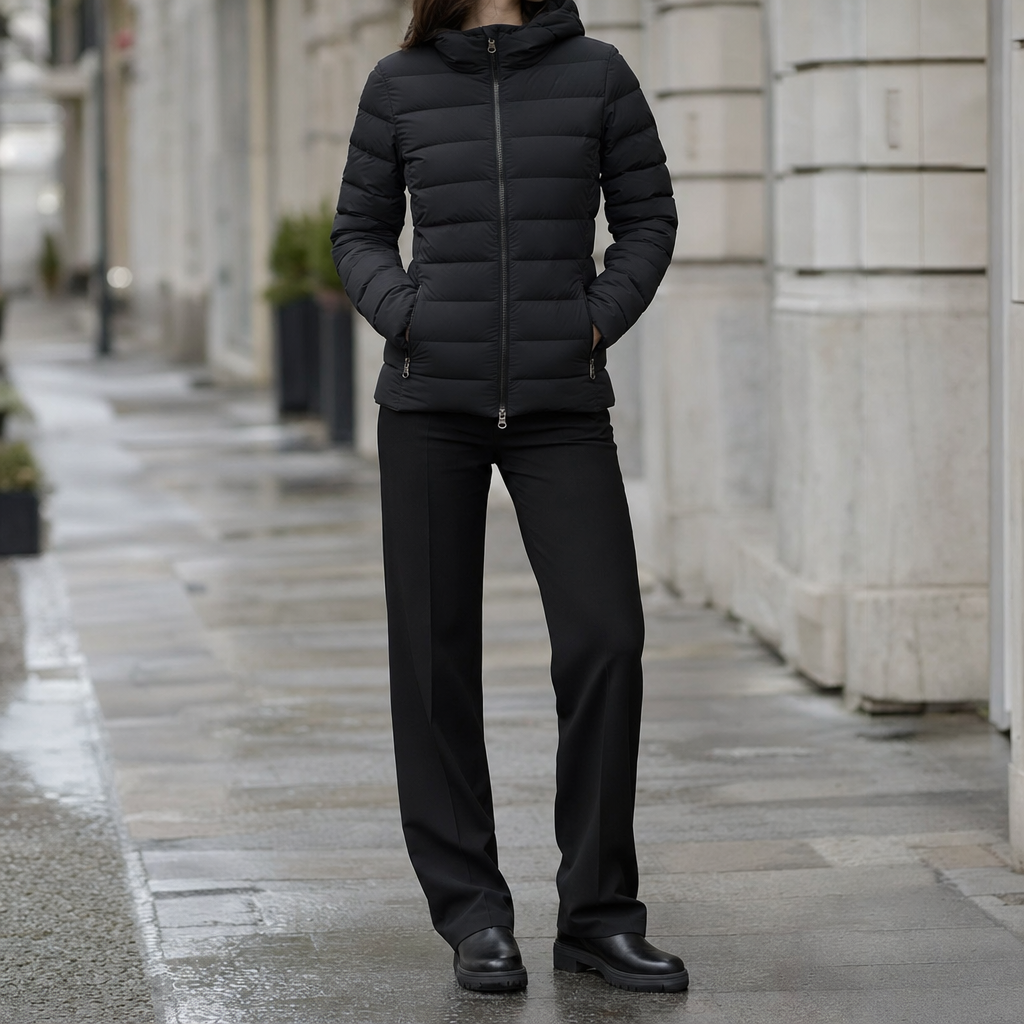 Everett hooded puffer, front view on model