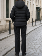 Everett hooded puffer, back view
