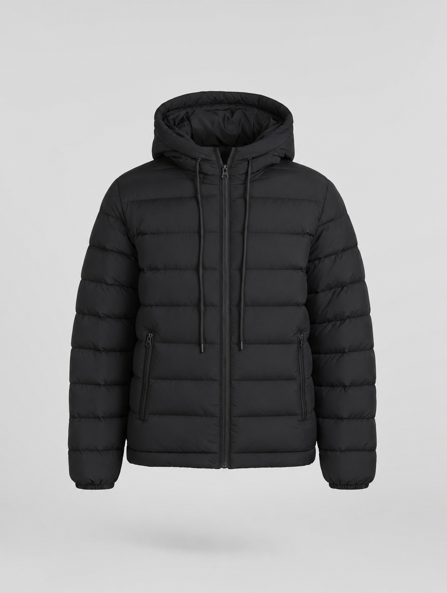 Everett hooded down puffer in black, product shot