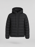 Everett hooded down puffer in black, product shot