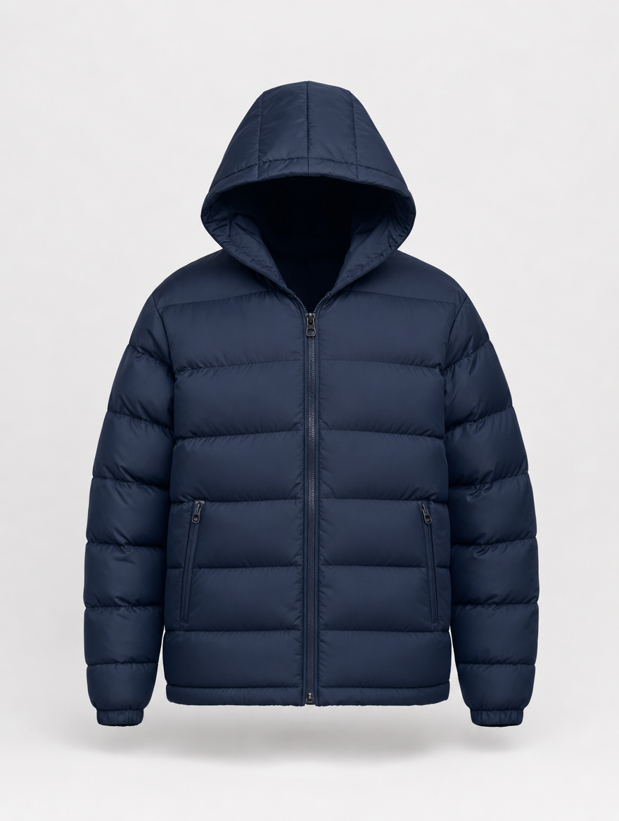 Everett hooded down puffer in deep navy, product shot