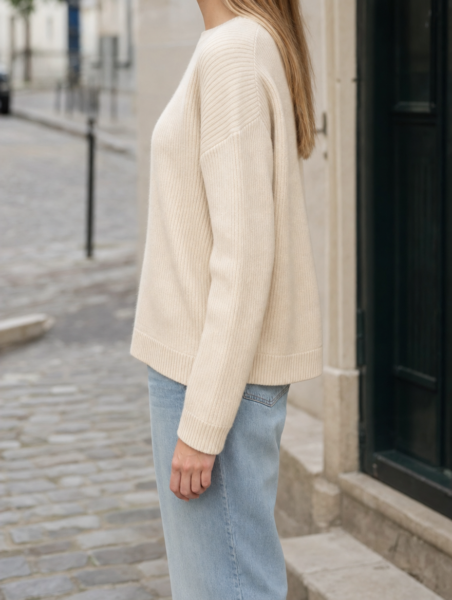 Lorne crew neck sweater, side profile view