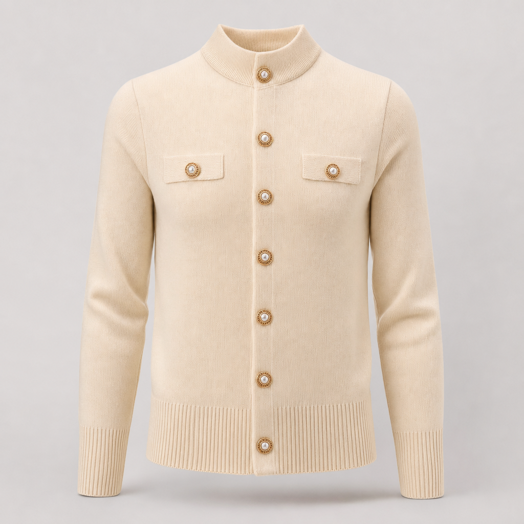 Selby button mock neck knit in beige, product shot