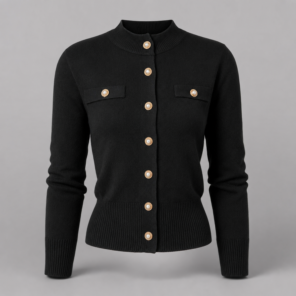 Selby button mock neck knit in black, product shot