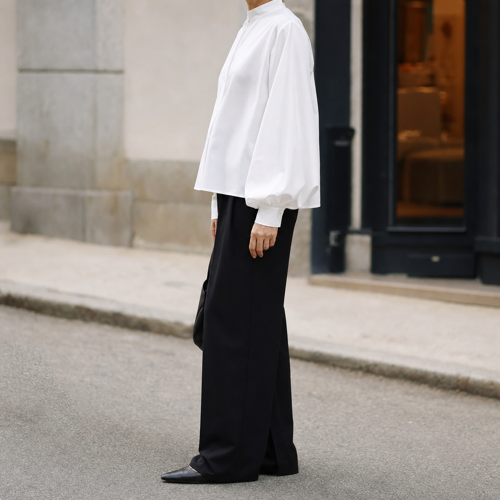 Aldford balloon sleeve blouse, side profile view