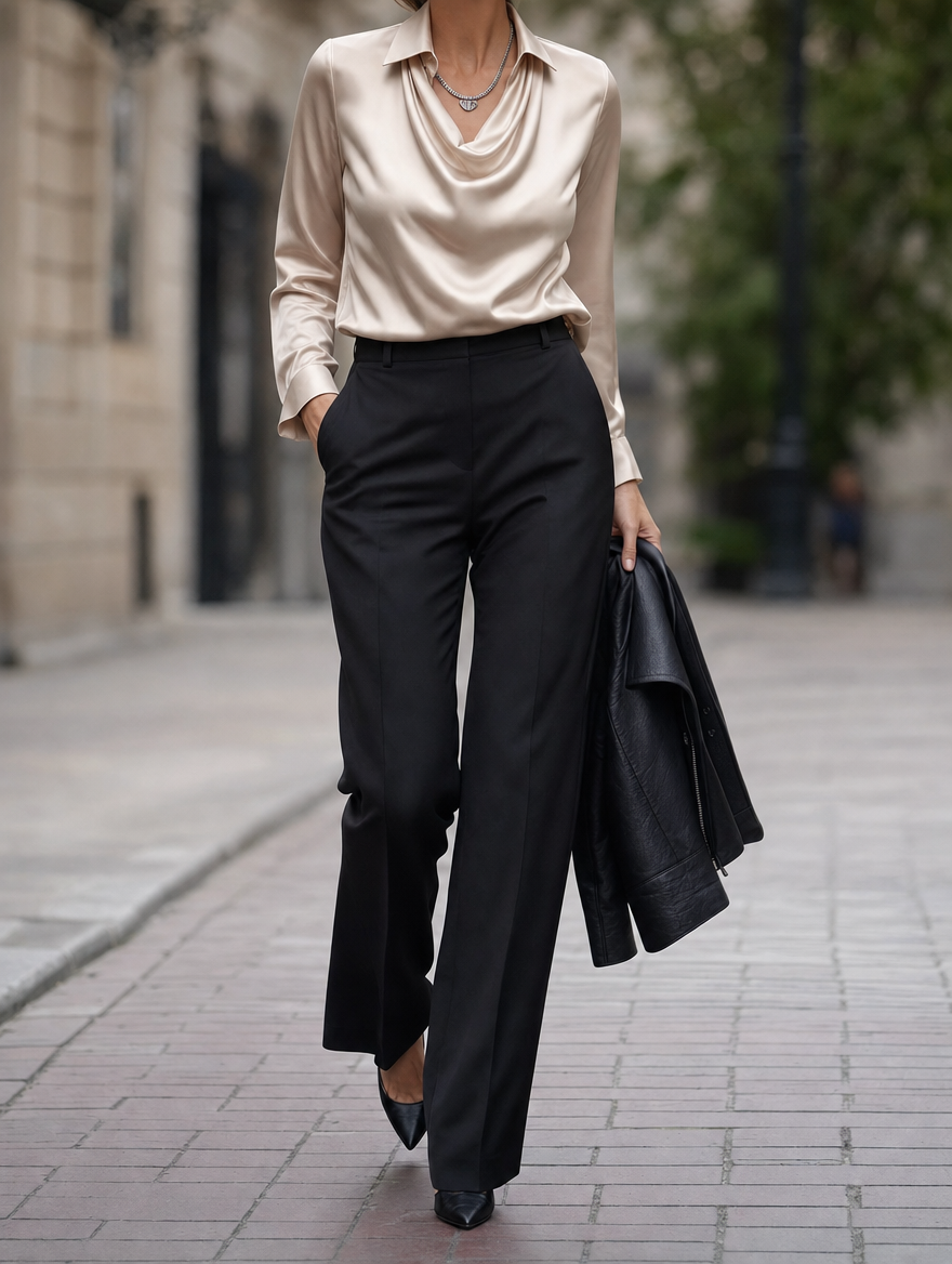 Verity satin cowl neck top, front view on model