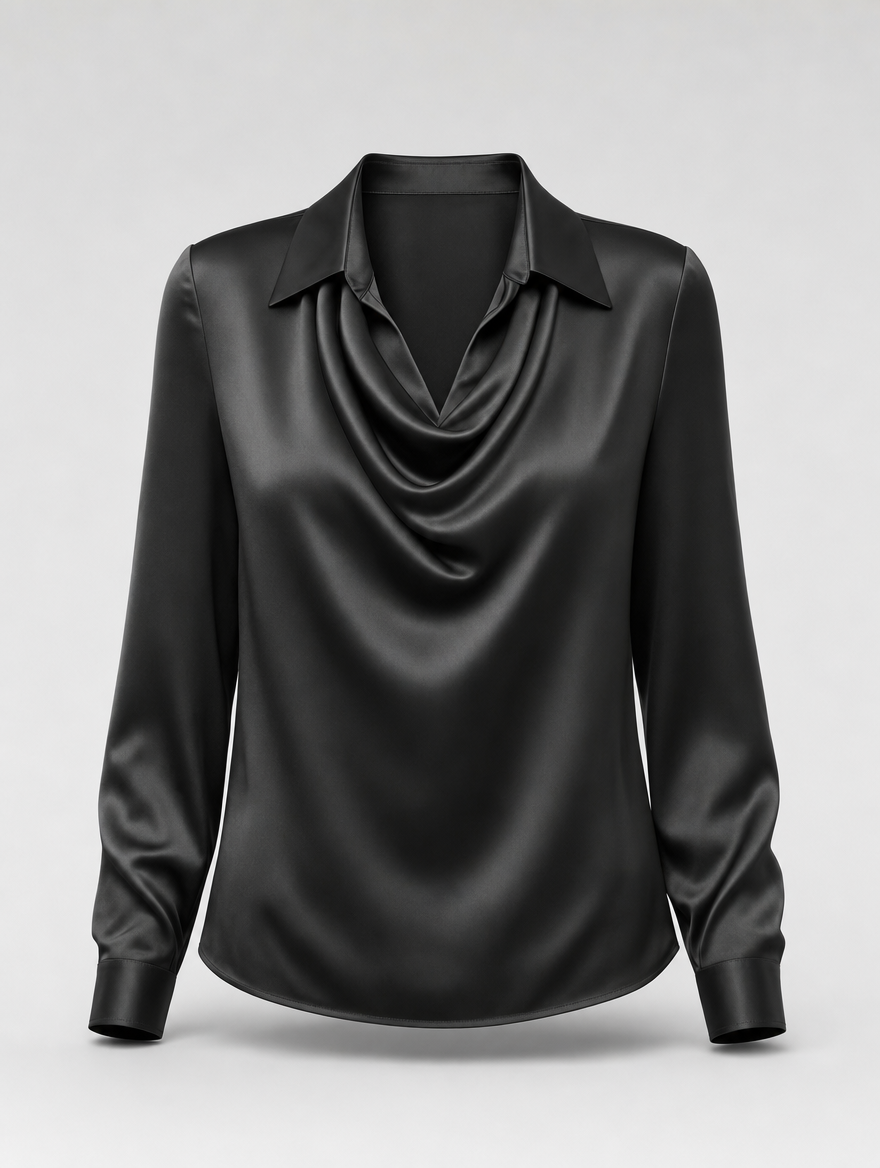 Verity satin cowl neck top in black, product shot