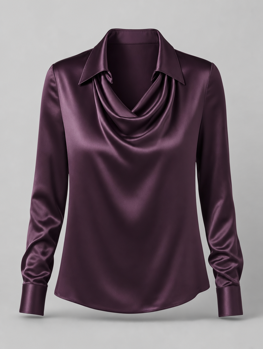 Verity satin cowl neck top in deep plum, product shot