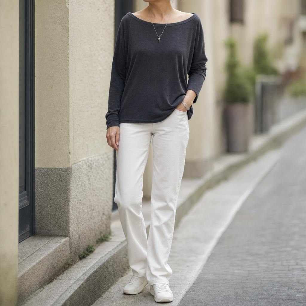 Ashwell draped boat neck top, front view on model