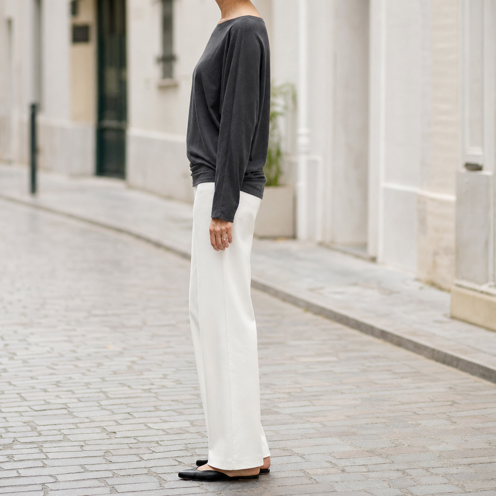 Ashwell draped boat neck top, side profile view