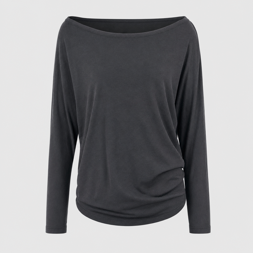 Ashwell draped boat neck top in charcoal grey, product shot