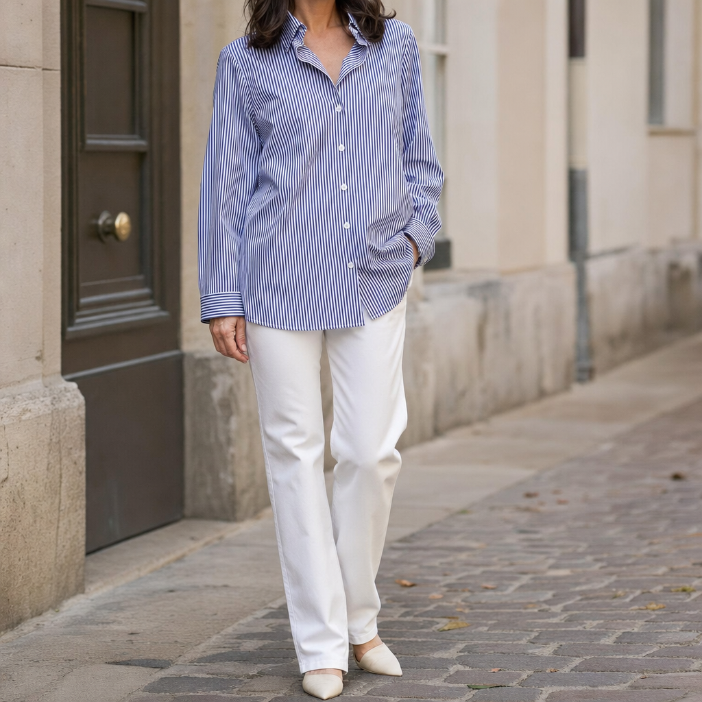 Tarrant striped cotton shirt, front view on model