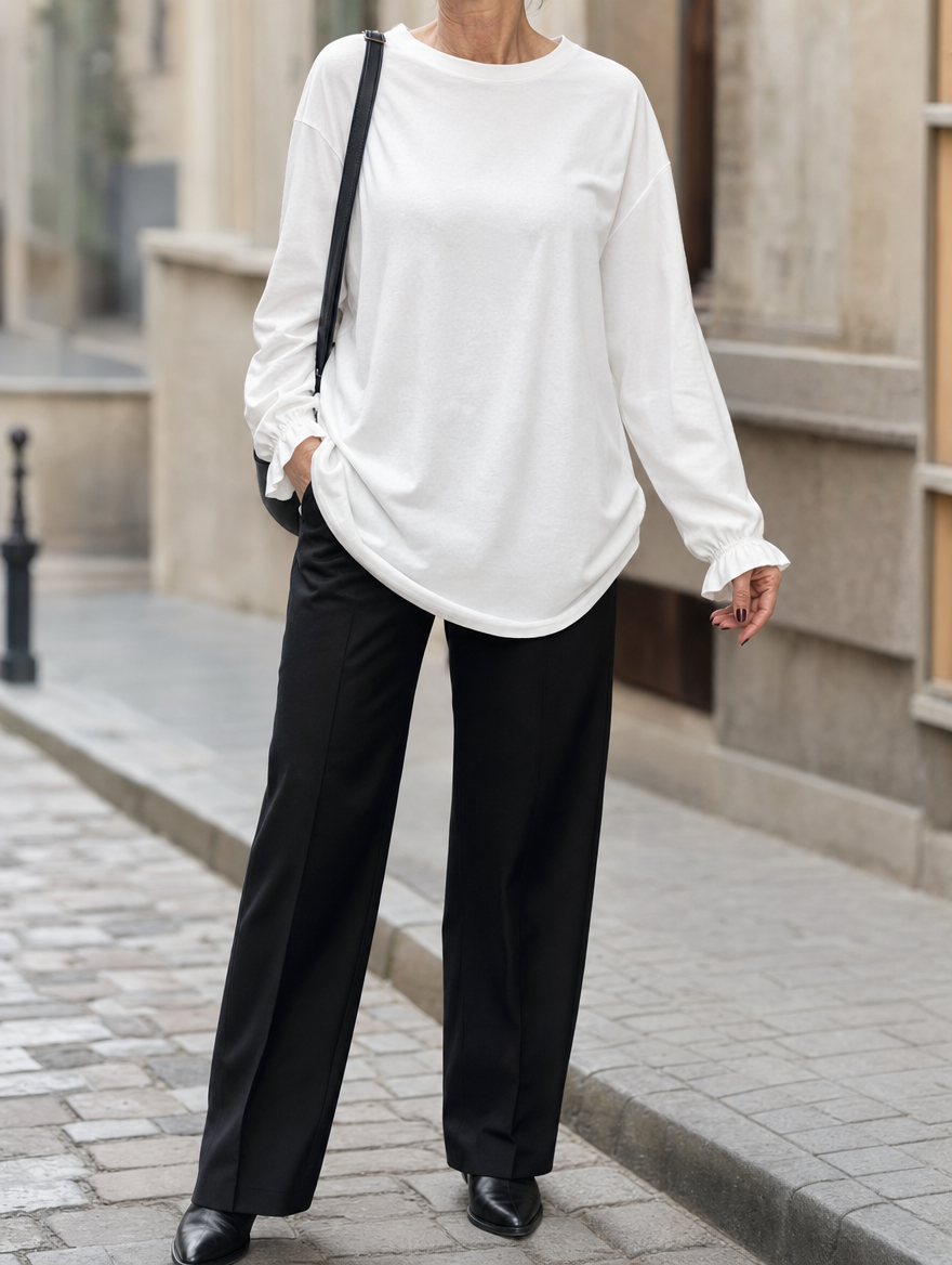 Elsbeth ruffle cuff blouse, front view on model