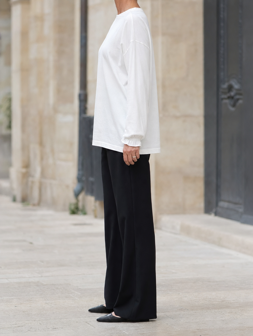 Elsbeth ruffle cuff blouse, side profile view