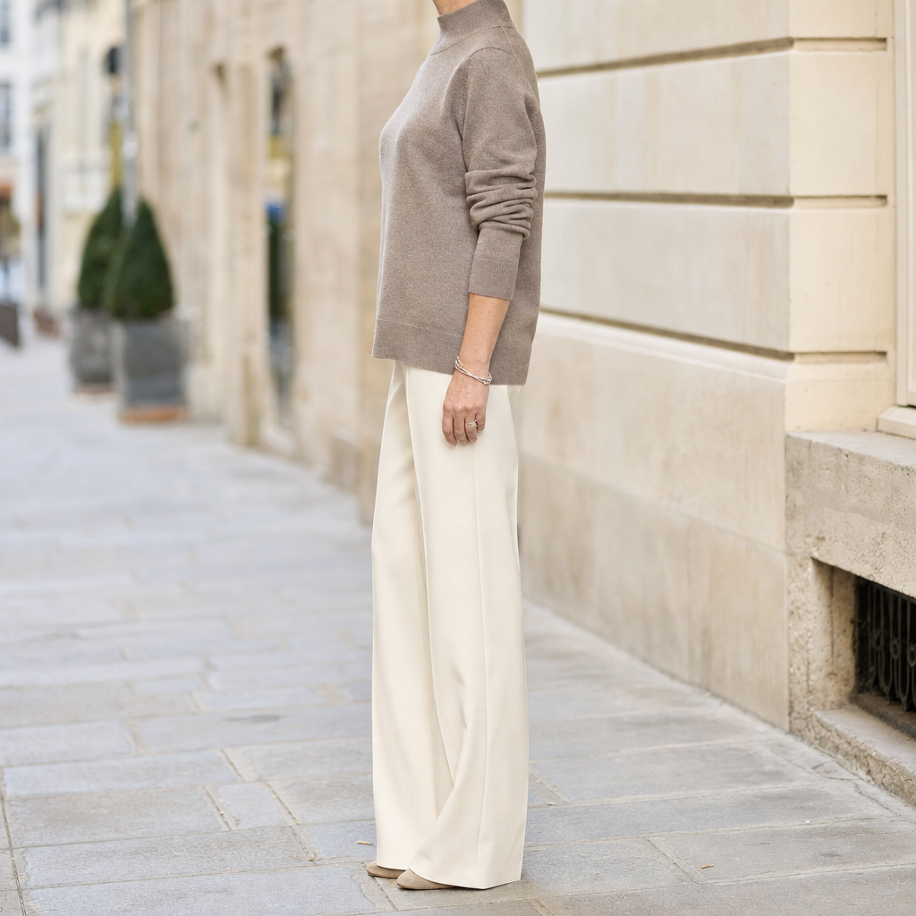 Roswell soft knit turtleneck, side profile view