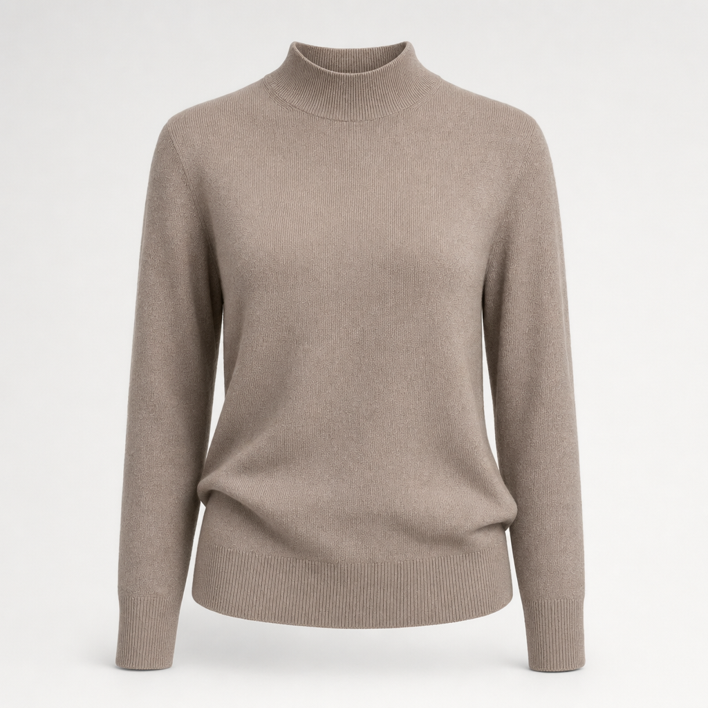 Roswell soft knit turtleneck in taupe, product shot