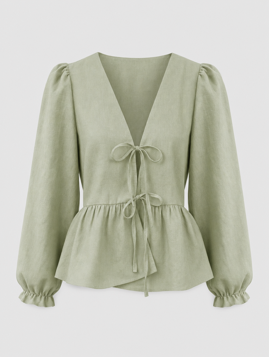 Marisol tie waist blouse in sage green, product shot