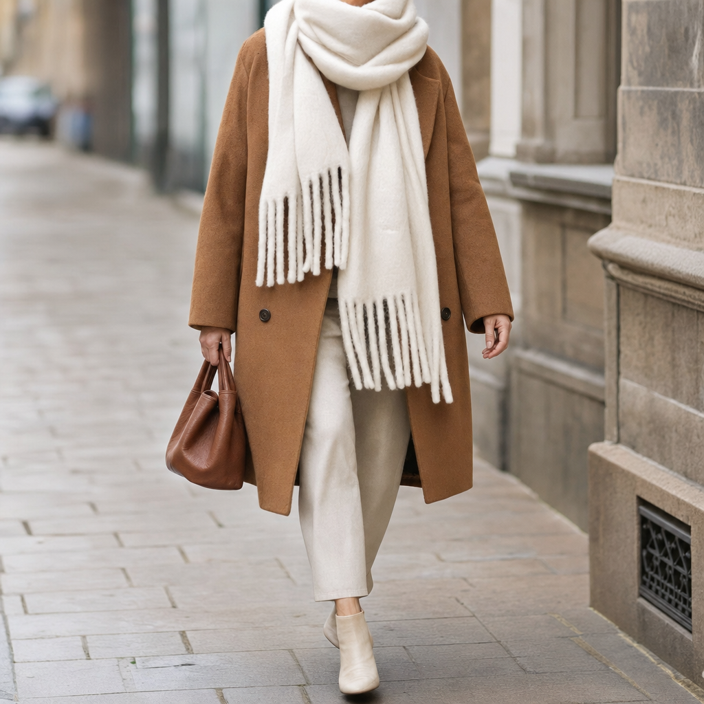 Wrenley oversized fringed scarf, front view on model