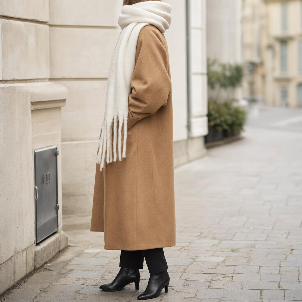Wrenley oversized fringed scarf, side profile view