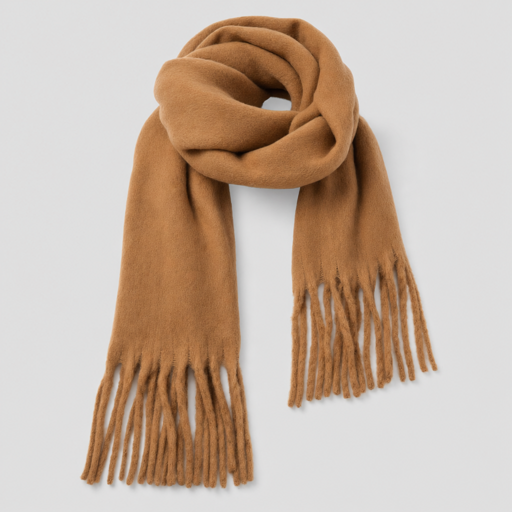 Wrenley oversized fringed scarf in camel, product shot
