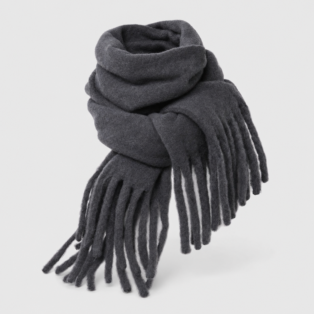 Wrenley oversized fringed scarf in charcoal, product shot