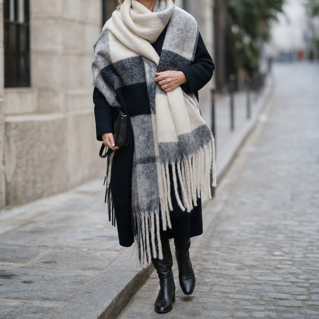 Halloway check blanket scarf in grey check, product shot