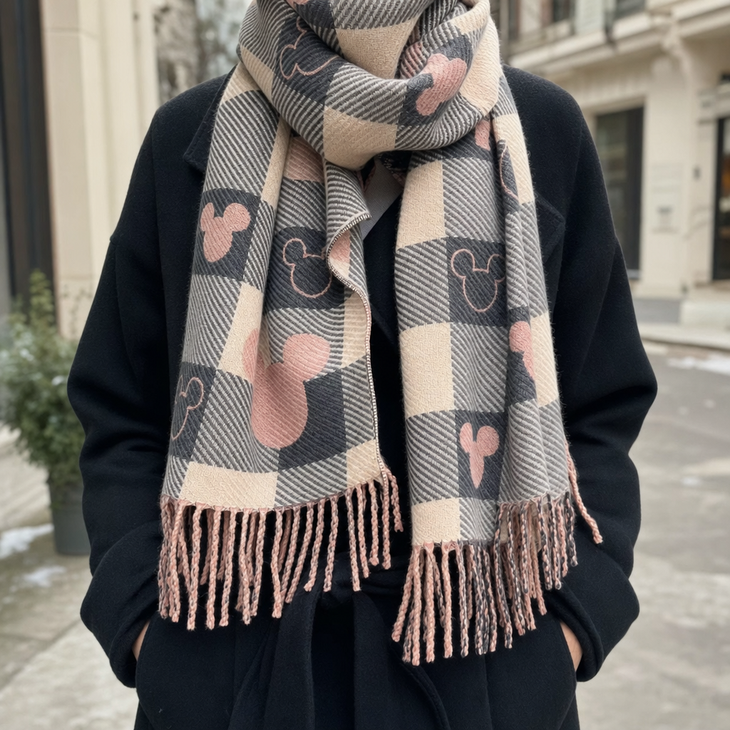 Halloway check blanket scarf worn over a coat, front view