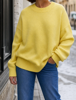 Marden Chunky Knit Sweater in butter yellow worn with jeans, front view