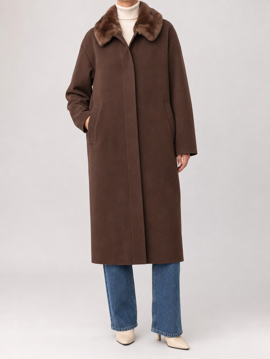 Harlyn Fur Collar Wool Coat worn, front