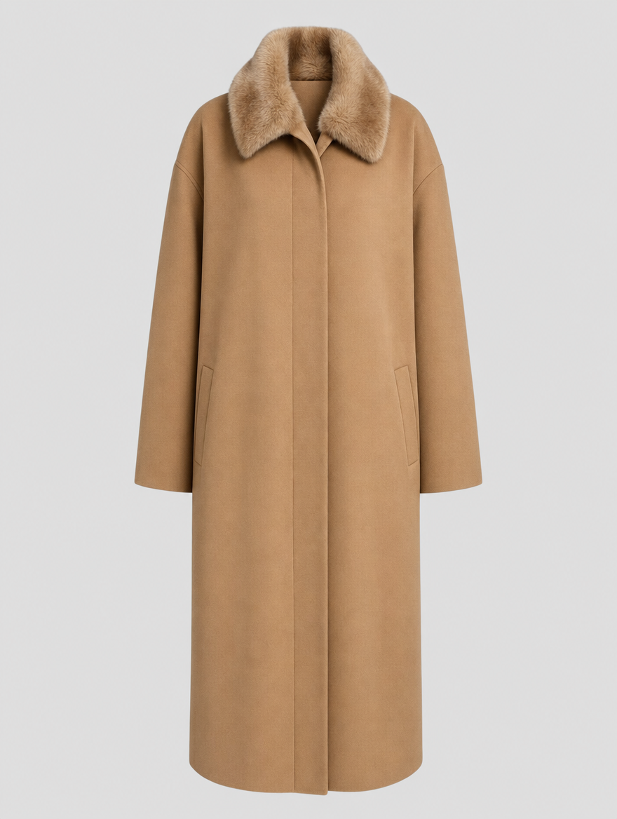 Harlyn Fur Collar Wool Coat in camel
