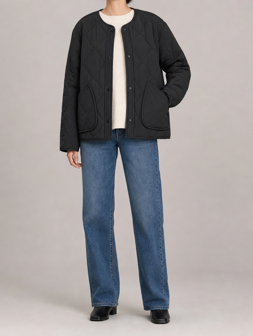 Marbury Collarless Quilted Jacket worn, front