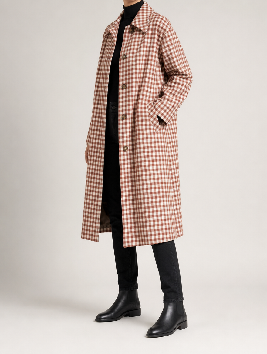 Norbury Plaid Longline Trench worn, side