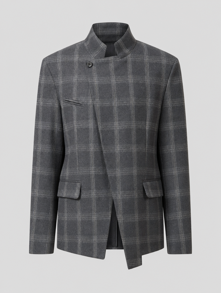Oakhanger Plaid Stand Collar Jacket in grey check