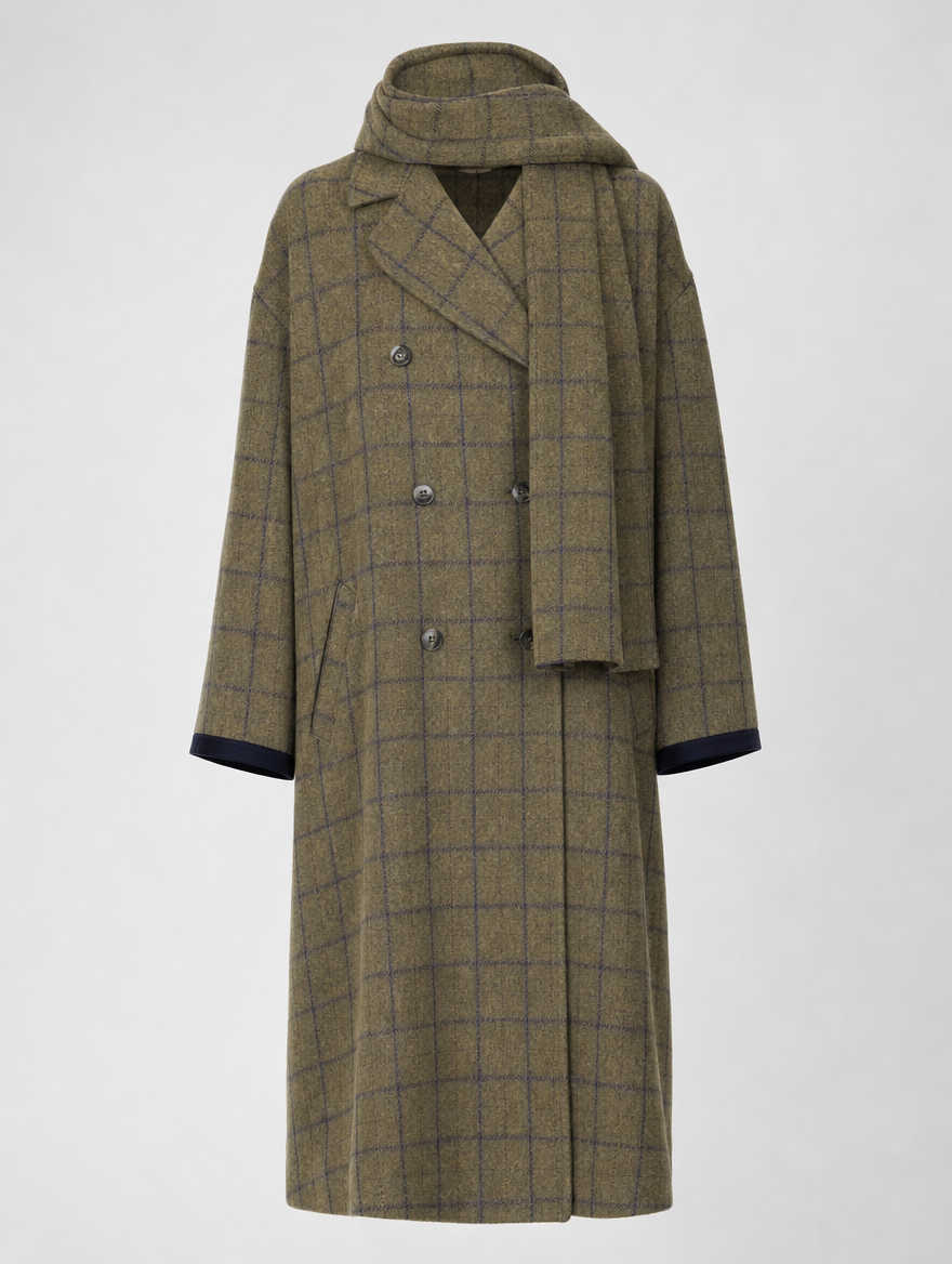 Pelham Plaid Wool Maxi Coat in olive check