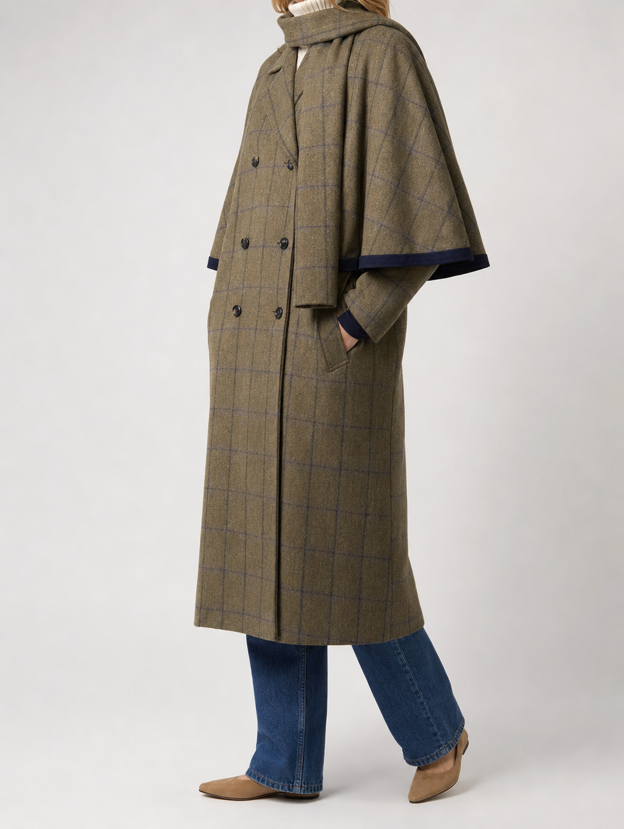 Pelham Plaid Wool Maxi Coat worn, side