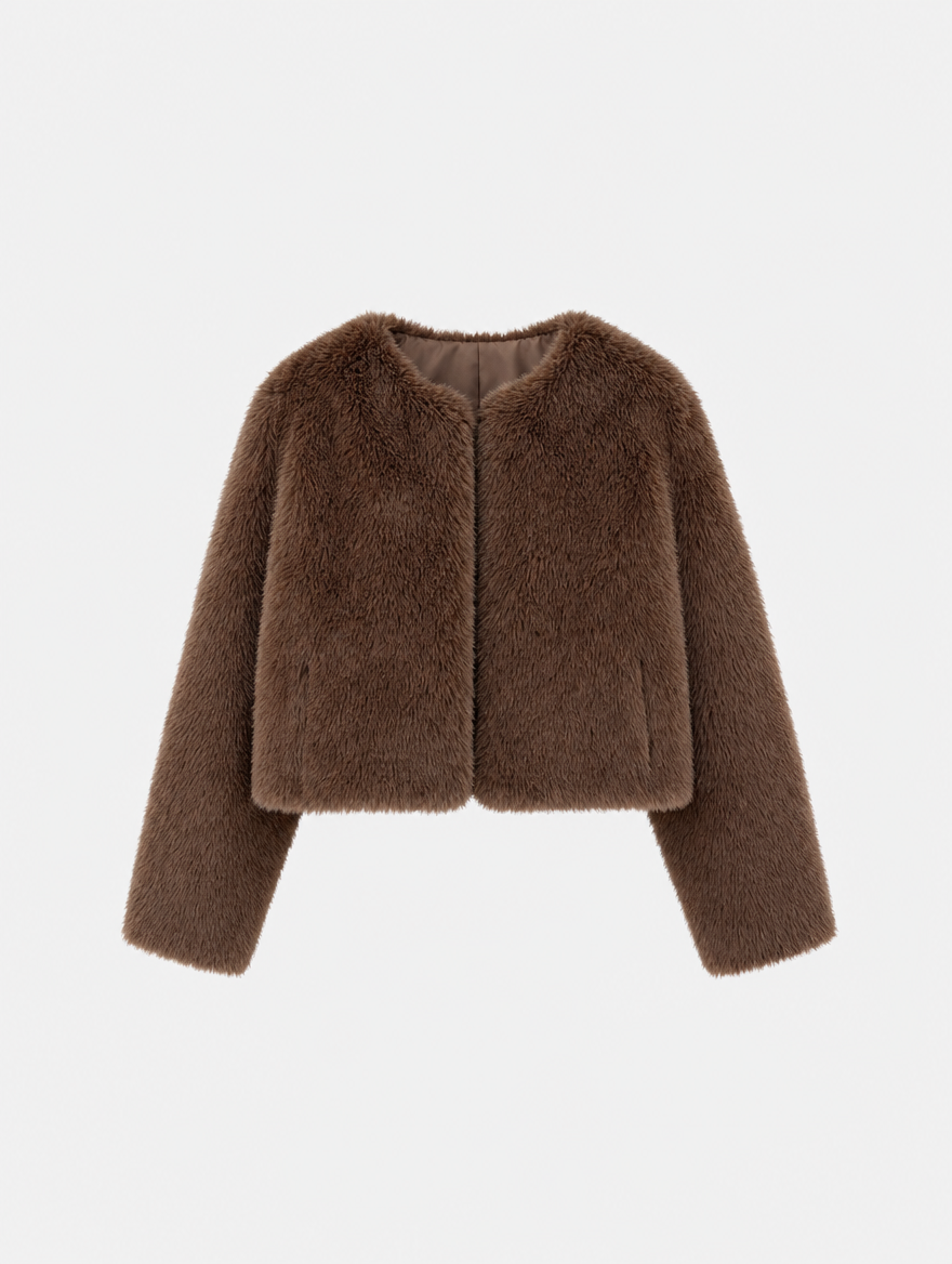 Yealand Cropped Faux Fur Jacket in brown