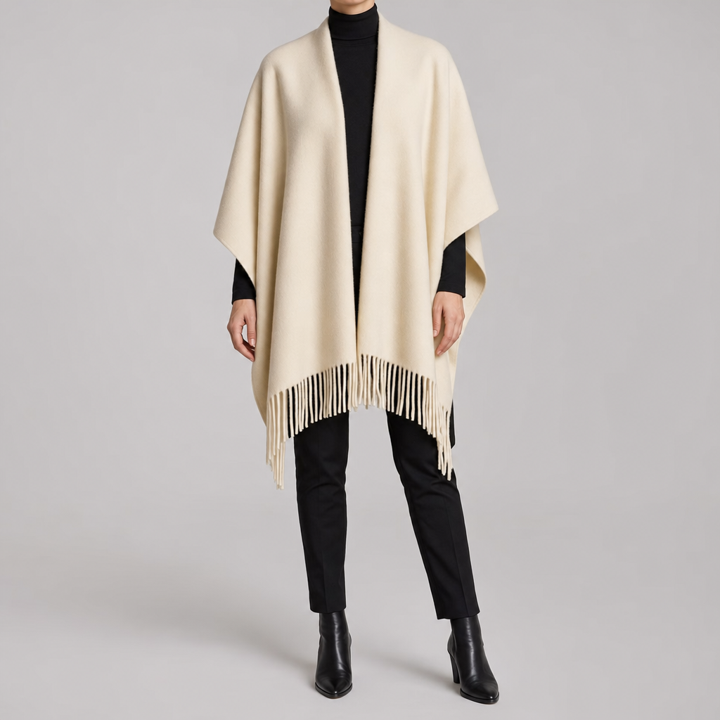 Zennor Fringed Reversible Poncho worn, front