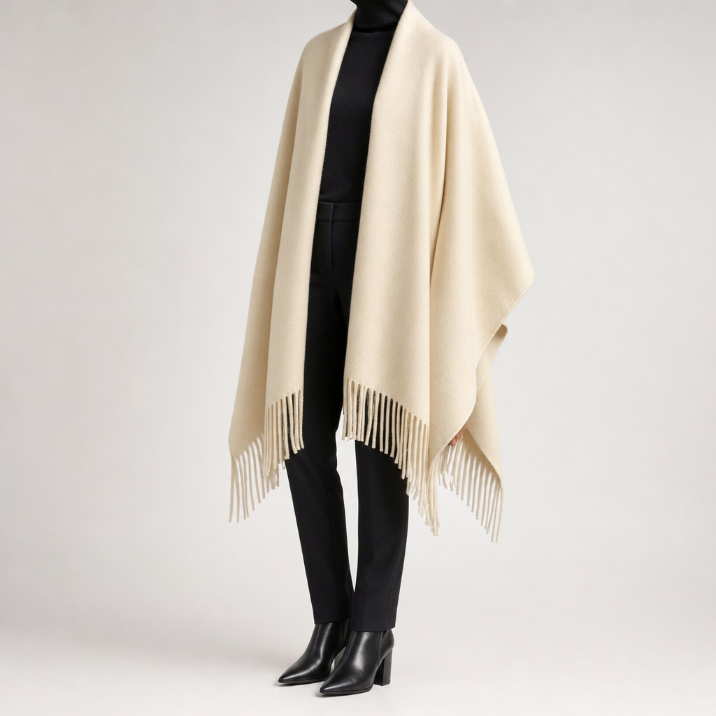 Zennor Fringed Reversible Poncho worn, side