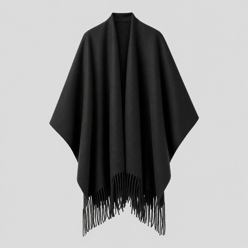 Zennor Fringed Reversible Poncho in black