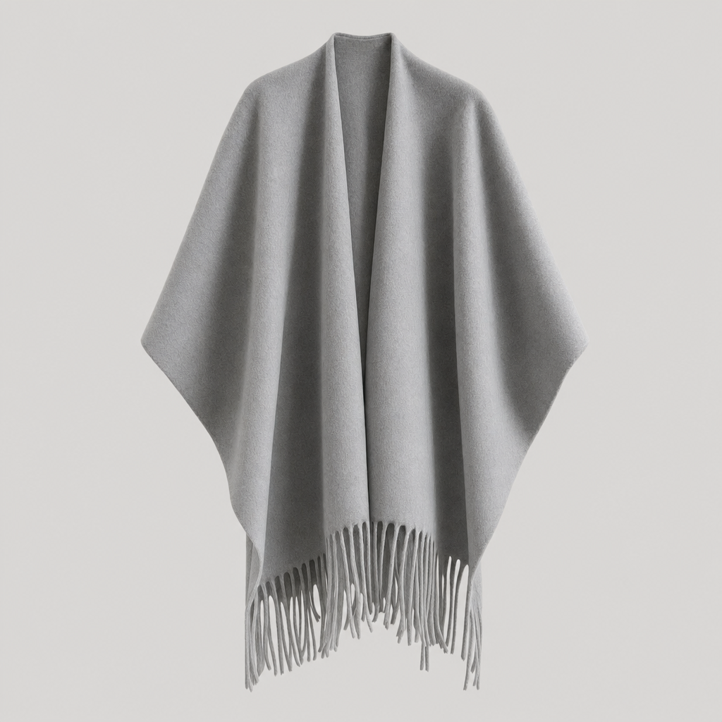 Zennor Fringed Reversible Poncho in grey