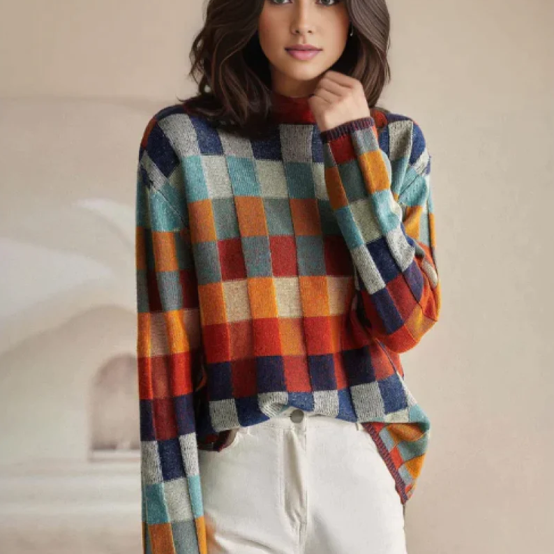 Andrea Color Block Plaid Knit Sweater