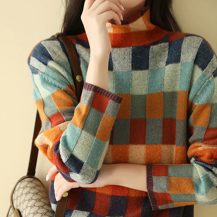 Andrea Color Block Plaid Knit Sweater