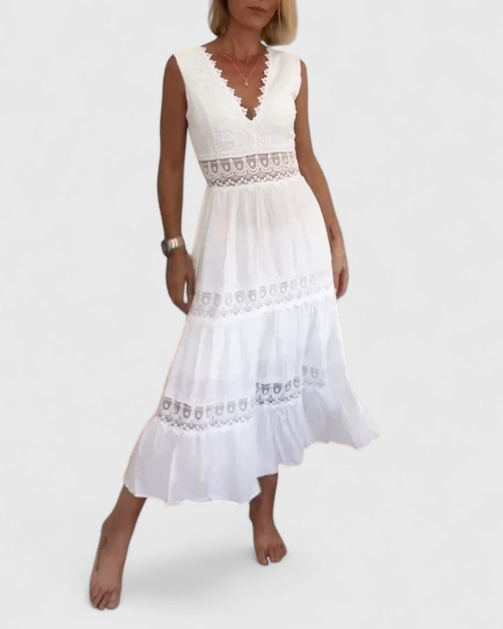 Emilia Sleeveless Lace-Trim V-Neck Midi Dress