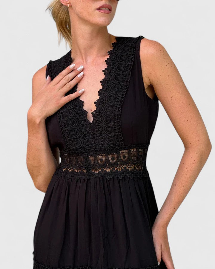 Emilia Sleeveless Lace-Trim V-Neck Midi Dress