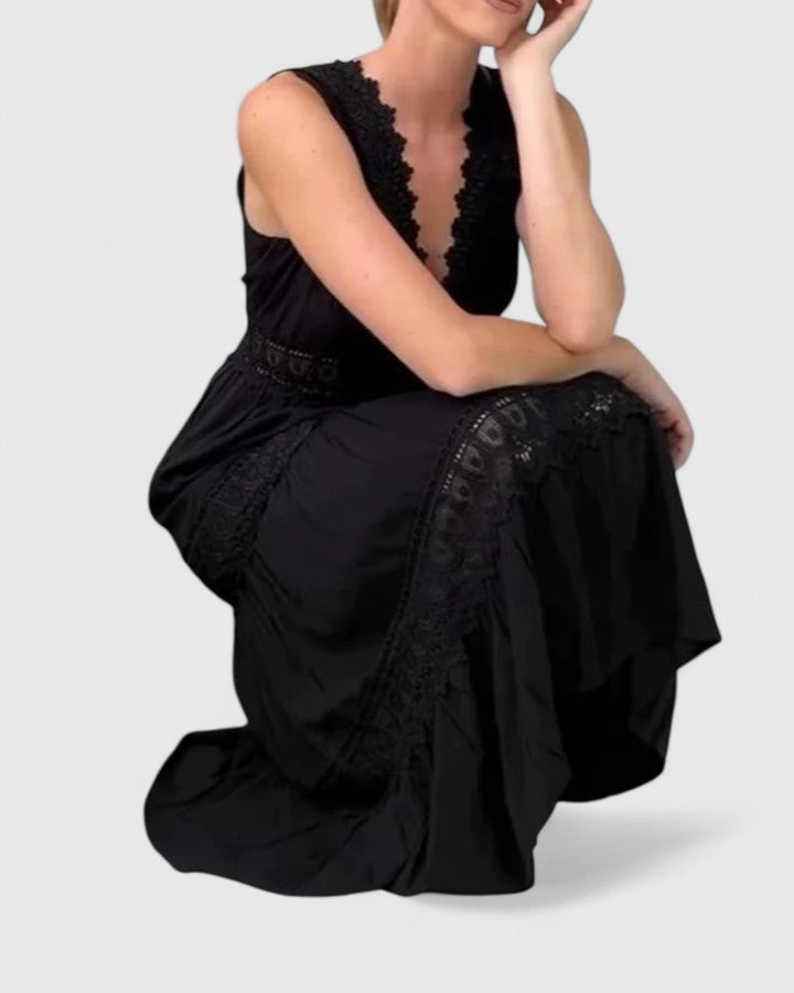 Emilia Sleeveless Lace-Trim V-Neck Midi Dress