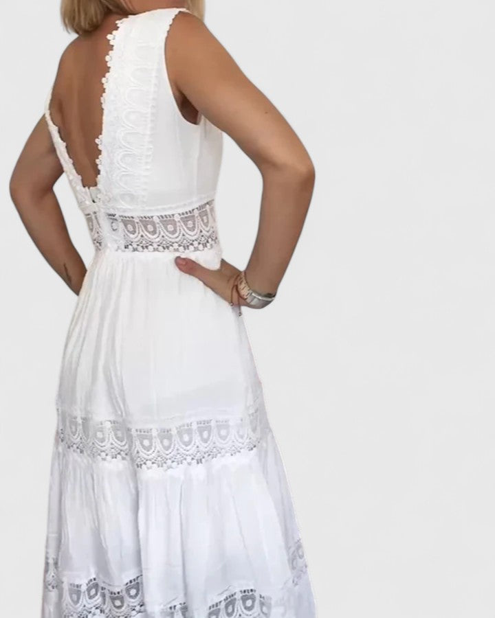 Emilia Sleeveless Lace-Trim V-Neck Midi Dress